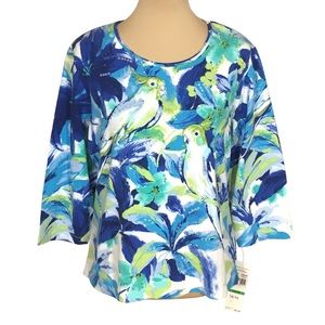 Alfred Dunner Blue & Green Tropical Floral 3/4 Sleeve Shirt, Petite Large